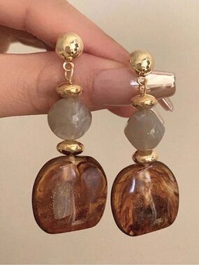 Gold & Brown Resin Drop Earrings - Elegant Women’s Jewelry